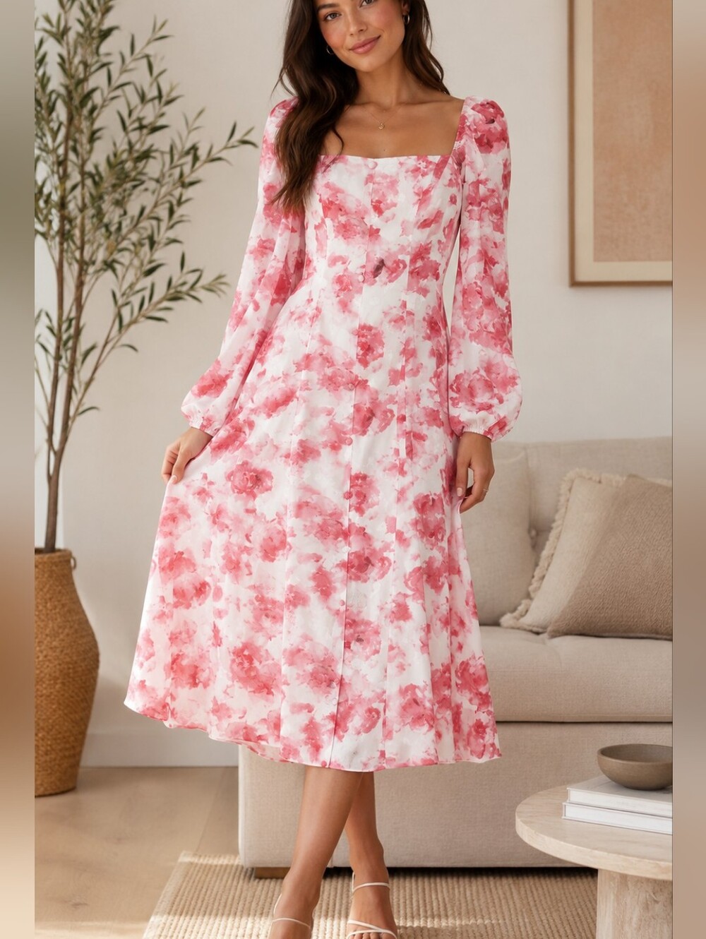 Pink/Red Floral Square-Neck Midi Dress